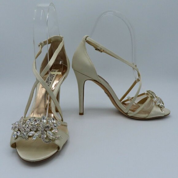 Badgley Mischka Womens 6 Ivory Rhinestone Prom Wedding Strappy Open Toe Heels - Picture 4 of 11
